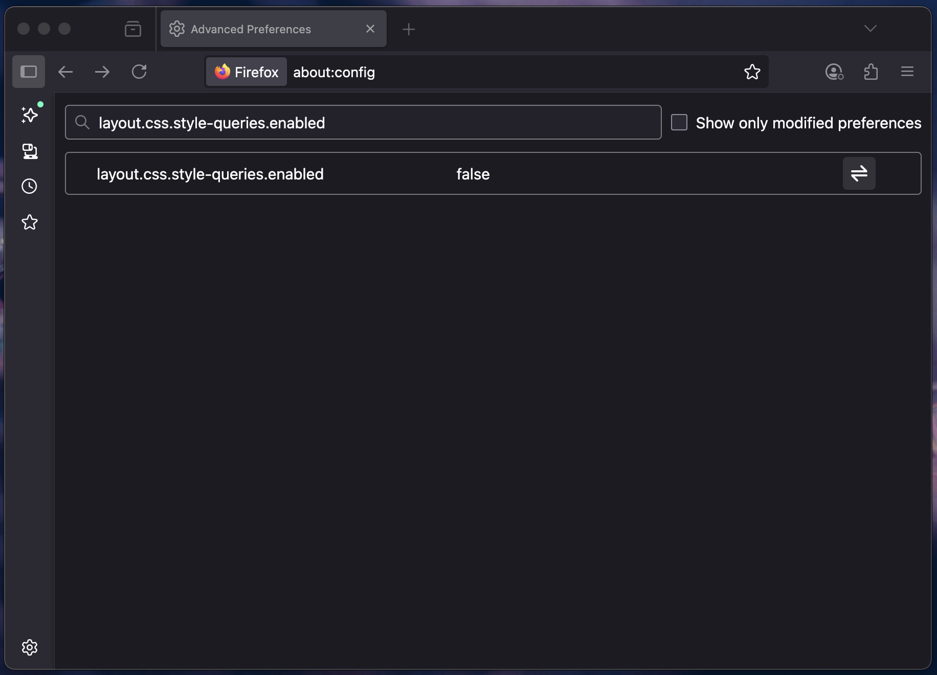 Firefox about config search for layout.css.style-queries.enabled, as of 09/07/25